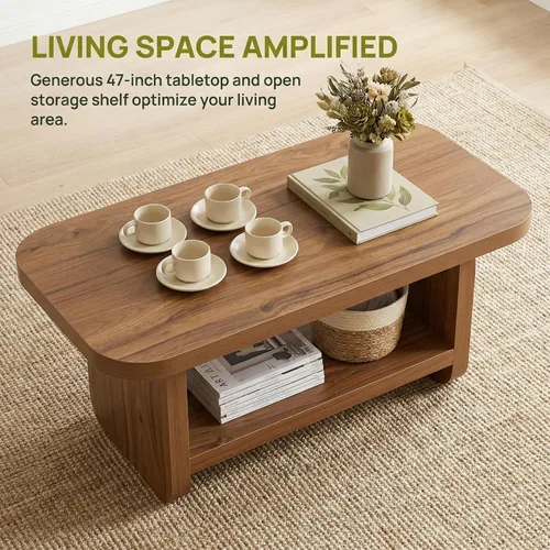 Miniatura 4 de LITTLE TREE Mesa auxiliar de madera, mesa central de 47.2 pulgadas con almacenamiento, mesas rectangulares modernas de granja para sala de estar