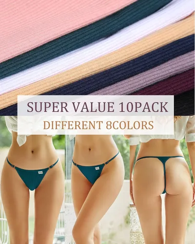 Miniatura 6 de FINETOO Paquete de 10 tangas ajustables para mujer, ropa interior sexy de tiro bajo, bragas de algodón para mujer, S-XL