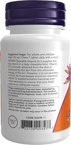 Miniatura 3 de NOW Foods Suplementos, Vitamina D-3 1,000 UI, Sabor Natural de Fruta, Soporte Estructural*, 180 Masticables