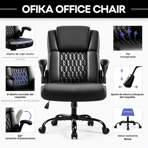 Miniatura 4 de Silla de escritorio de cuero OFIKA, silla de oficina ergonómica con soporte lumbar, silla de computadora, silla ejecutiva de cuero con reposabrazos