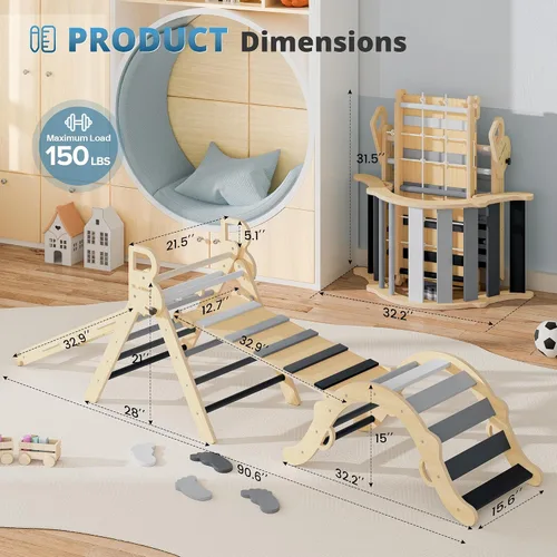 Miniatura 8 de BlueWood Juego de Triángulo Pikler 10 en 1, Juguetes de Escalada para Niños Pequeños de Interior, Escalador Montessori, Gimnasios de Selva