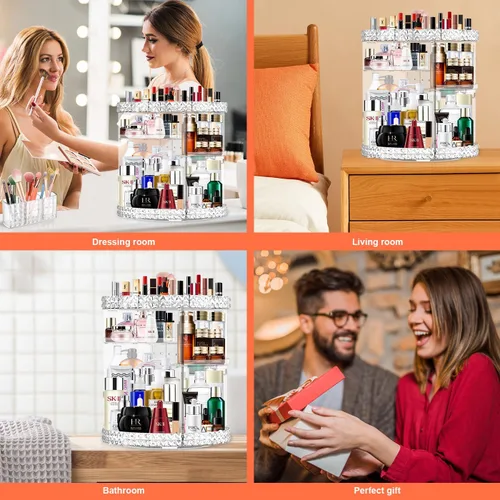 Miniatura 7 de Organizador de maquillaje giratorio de 360 grados para tocador + soporte para brochas de maquillaje, organizador de perfumes con 6 capas ajustables