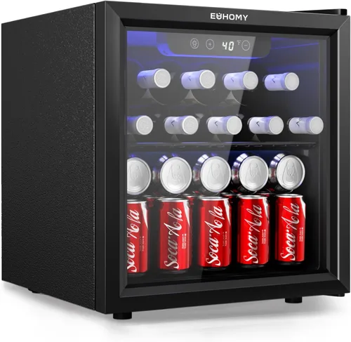 EUHOMY Refrigerador de bebidas para 48 latas - Mini refrigerador con puerta de vidrio para cerveza, bebidas, vinos, refrigerador de bebidas de Negro