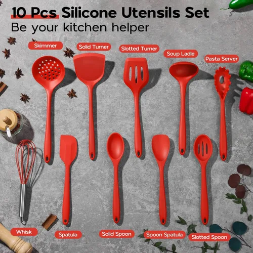Miniatura 8 de Onader Juego de utensilios de cocina de 10 piezas, juego de utensilios de cocina de silicona roja para cocinar, no tóxicos y resistentes al calor