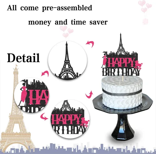 Miniatura 6 de Decoración para tartas de la Torre Eiffel de París de Feliz Cumpleaños para niñas y mujeres