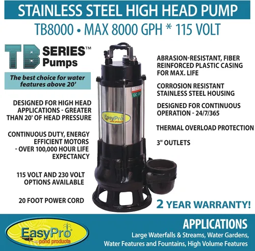 EasyPro TB8000 Bomba sumergible de alto volumen de cabeza alta - La mejor opción para características de agua por encima de 20' de presión de la