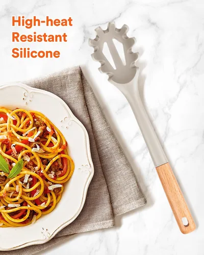 Miniatura 3 de Tenedor de silicona para pasta, servidor de cuchara de fideos resistente al calor, colador de espagueti sin BPA, 12.8 pulgadas (caqui)