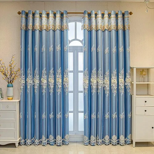 Miniatura 2 de Amidoudou 1 par de cortinas europeas de lujo con cenefa para sala de estar, dormitorio, cortinas bordadas de doble capa (azul, 52 x 90 pulgadas)