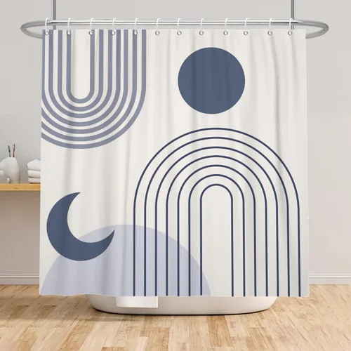 Miniatura 4 de Cortina de ducha moderna y bohemia, cortinas de ducha minimalistas estéticas azules de mediados de siglo para baño, cortinas de baño impermeables