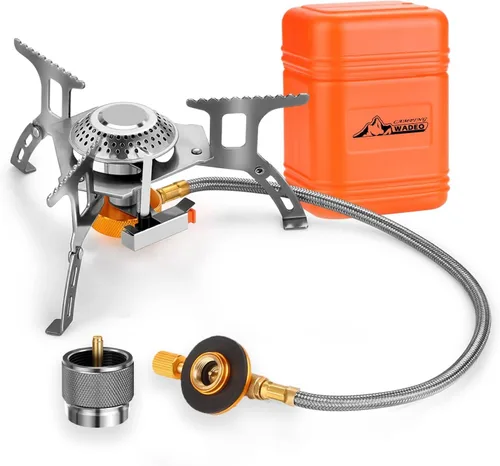 WADEO Estufa de gas para camping, estufa portátil de 3700 W con encendido piezoeléctrico, quemador portátil, adaptador de estufa de camping y funda