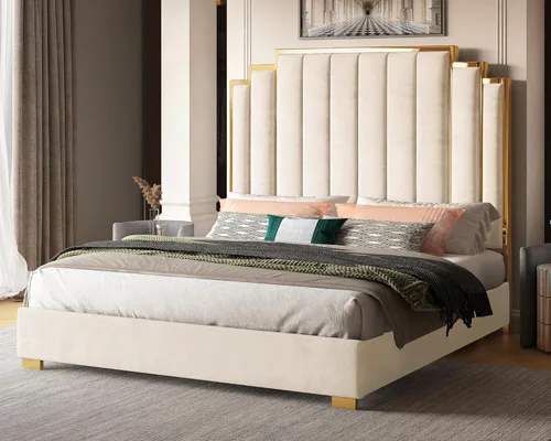 Miniatura 14 de Albott Marco de cama de plataforma tamaño Queen, cama tapizada de terciopelo de 61.4 pulgadas con cabecero de ribete dorado, listones de madera,