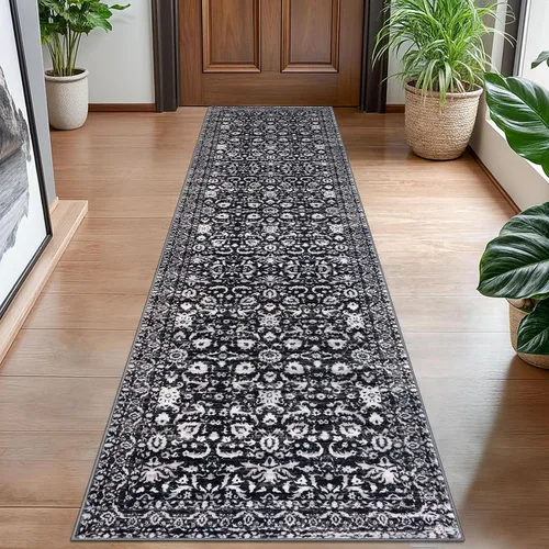 Miniatura 44 de Lansny Alfombra bohemia de 2 x 3 pulgadas, lavable, color negro, azul marino, floral, alfombra de cocina, alfombra de área pequeña de lana