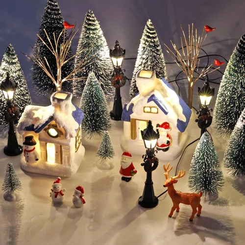 Miniatura 8 de Namalu Juego de 34 Piezas Casas de Pueblo Navideño, Juego de Accesorios Mini Árboles de Navidad, Santa, Muñeco de Nieve, Lámparas de Calle