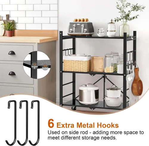 Miniatura 6 de Himix Estantes de almacenamiento con 6 ganchos, estante plegable de 3 niveles con ruedas, estantería de almacenamiento de metal, carrito rodante
