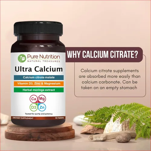 Miniatura 3 de Pure Nutrition Ultra Citrato de calcio de 1000 mg suplemento de calcio altamente absorbible con malato de citrato de calcio, vitamina D, zinc