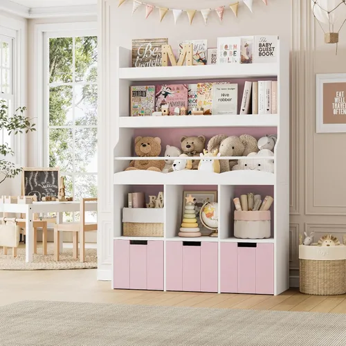 HITHOS Estantería infantil de 55.3 pulgadas de alto con organizador de almacenamiento de juguetes, estante alto para libros con 3 contenedores Rosa