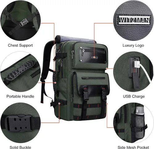 Miniatura 7 de Mochila de viaje para hombres WITZMAN con bolsa de lona, apta para portátil de 17 pulgadas, aprobada por aerolíneas (B685 Verde Ejército)