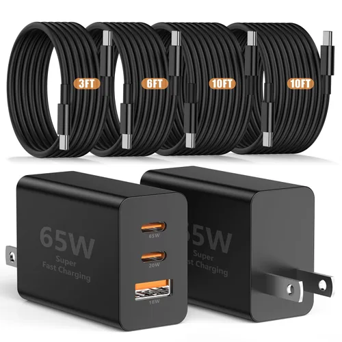 Susnwere Cargador de pared USB C de 65 W para Samsung S26 Ultra, 3 puertos de 100 W PD rápida 3.0 tipo C carga con cable USB C de 3/6/10/10 pies