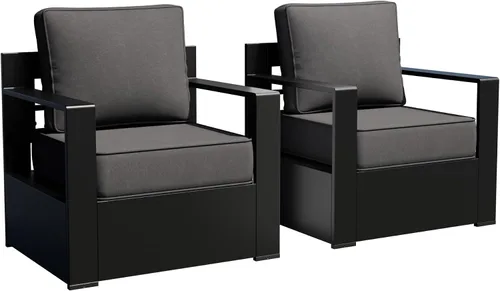 Miniatura 18 de Muebles de Patio al Aire Libre de Aluminio, Sillas de Metal para Todo Clima con Cojines de 6 Pulgadas de Grosor, Asiento Profundo para Jardín, Beige