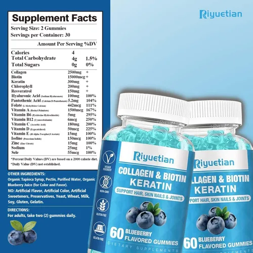 Miniatura 2 de Gomitas de biotina de 15000 mcg con colágeno para adultos, mujeres y hombres - Gomitas para cabello, piel y uñas con biotina - Colágeno para mujer