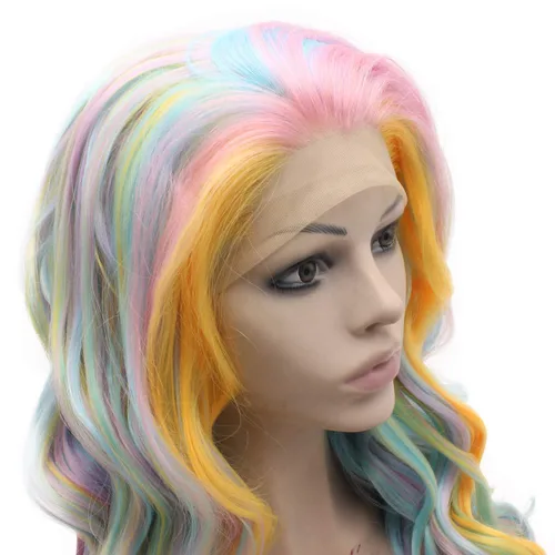 Miniatura 4 de Mxangel - Peluca de cabello sintético largo ondulado azul cielo amarillo colorido encaje frontal fibra resistente al calor Cosplay