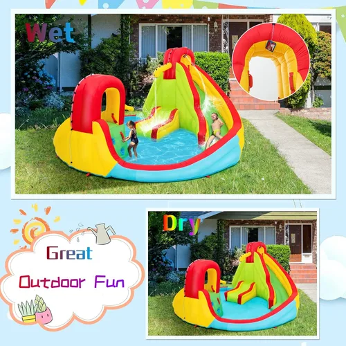 Miniatura 7 de KOTEK Tobogán acuático inflable, tobogán acuático 8 en 1 con 2 toboganes, 2 paredes de escalada, piscina y cañón de agua, toboganes acuáticos
