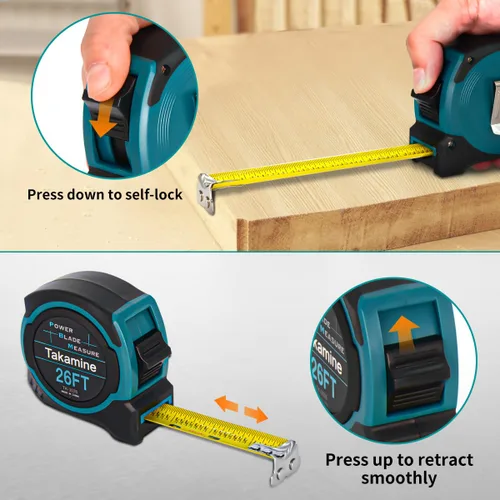 Miniatura 5 de Takamine Cinta métrica profesional de 26 pies, 1/8 fracción cinta métrica retráctil fácil de leer, con gancho magnético, bloqueo manual, carcasa
