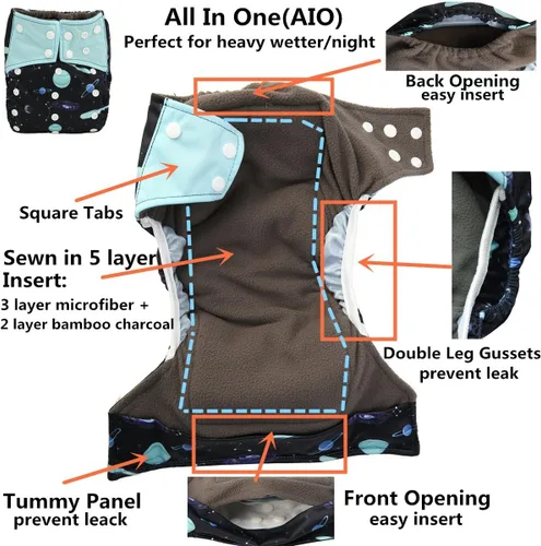 Miniatura 8 de AIll in One Night AIO Pañal de tela cosido en inserto reutilizable lavable para niñas (follaje de colibríes)
