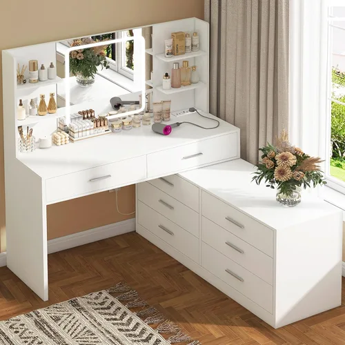 Miniatura 10 de FIONESO Escritorio grande con espejo y luces, tocador de maquillaje con 11 cajones y 6 estantes abiertos, 3 modos de iluminación, brillo ajustable