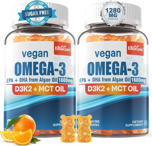 Gomitas veganas Omega 3 de 1280 mg + vitamina D3 K2 (MK7), alternativa al aceite de pescado Omega 3 para adultos, con algas EPA 600 mg y DHA 400 mg,