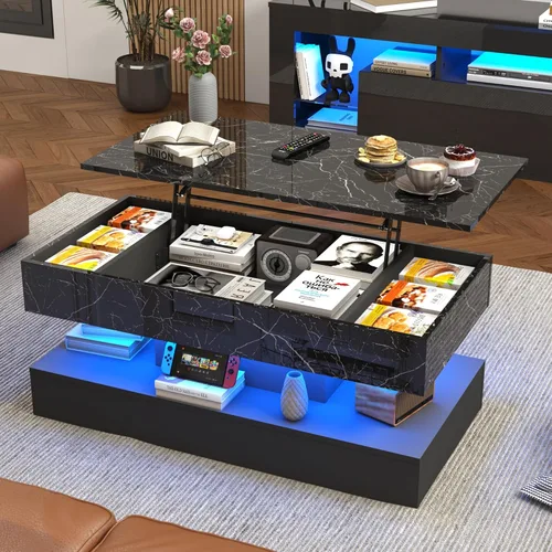 Miniatura 8 de chartustriable Mesa de Centro Grande de 39.4" con Tapa Elevable y Estación de Carga, Mesa Central LED Moderna de Alto Brillo con Compartimento