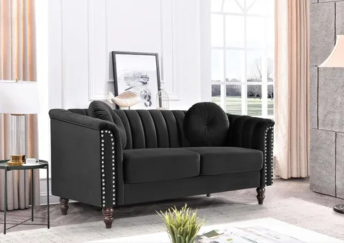 Miniatura 9 de Container Furniture Direct Juego de 2 piezas de sofá de terciopelo copetudo con cojines extraíbles y patas de madera torneada, elegantes muebles