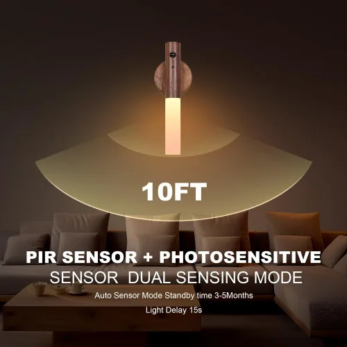 Miniatura 8 de LANDGOO Luz nocturna con sensor de movimiento RGB y control táctil, aplique de pared de madera recargable USB-C Luz de baño/dormitorio