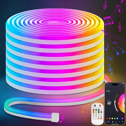 Miniatura 16 de Lamomo - Tira de luces LED RGB de neón, 16.4 pies de luces de cuerda LED de neón con control remoto por aplicación, sincronización de música