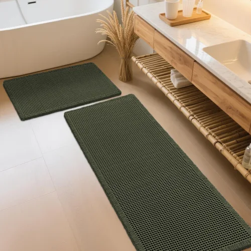 Miniatura 23 de IM HOME Tapete de baño de punto gofre, color caqui, de 24 x 17 pulgadas, tejido bohemio, moderno, absorbente, antideslizante, suave, lavable