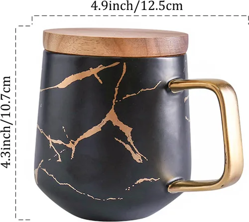 Miniatura 2 de LUCCK Taza de café de cerámica con tapa de madera, taza de té de 14.5 onzas, tazas de café de mármol con incrustaciones doradas de lujo con tapa