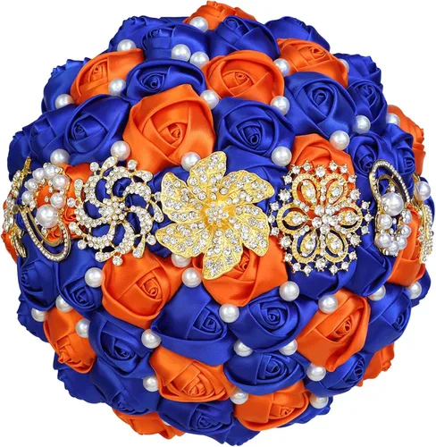 Miniatura 7 de XINNI Broche de oro de lujo de 8 pulgadas, ramo de boda nupcial para novia, dama de honor, ramo de rosas de satén con perlas, color negro y gris