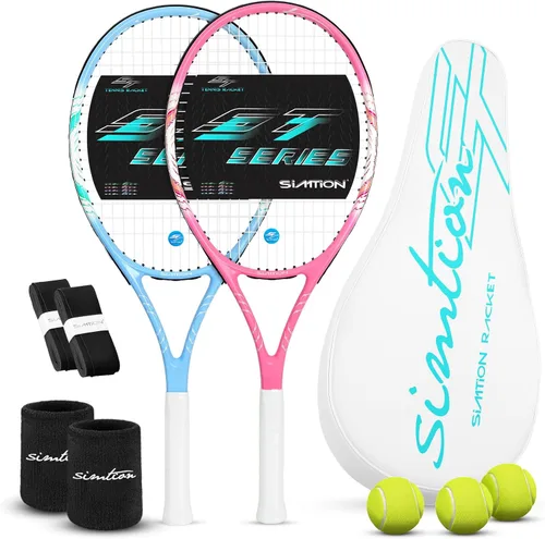 Juego de raquetas de tenis de 27 pulgadas, raquetas de tenis preencordadas para 2 jugadores para adultos, 2 cintas de sobreagarre, 3 pelotas, 2 Rosa