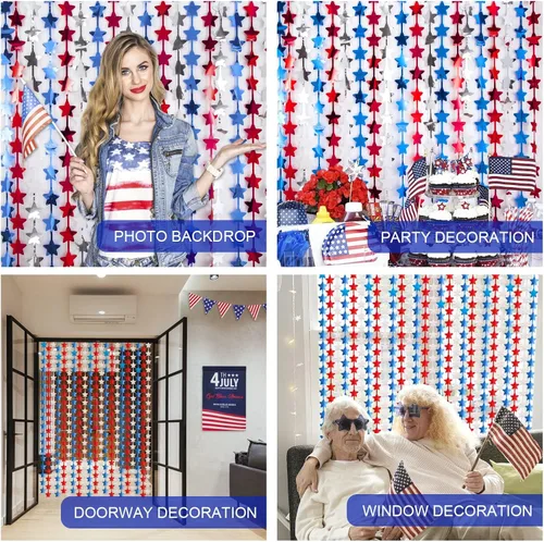Miniatura 5 de LOLStar Decoraciones del 4 de julio, paquete de 3 cortinas de flecos de papel de aluminio de oropel de estrellas rojas, blancas y azules, 4