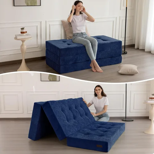 MAXYOYO Colchón de tres pliegues, colchón plegable acolchado de 6 pulgadas con tela de chenilla, colchoneta portátil de tamaño individual para Azul
