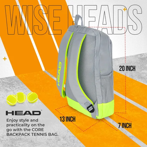 Miniatura 3 de HEAD Core Tennis Backpack - Holds 2 Racquets with Padded Adjustable Straps Sports Bag Gris/Amarillo