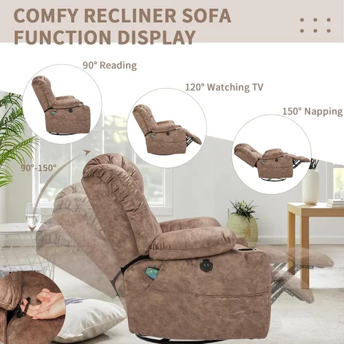 Miniatura 3 de Silla reclinable giratoria con calor y masaje, mecedora manual mecedora reclinable, silla giratoria de 360° con 2 portavasos, bolsillos laterales