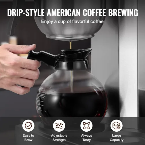 Miniatura 6 de VEVOR Cafetera Comercial de Goteo de 12 Tazas, Máquina de Café con 3 Jarras de Vidrio y 3 Platos Calentadores, Cafetera de Acero Inoxidable