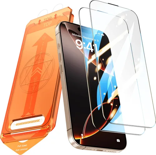 Miniatura 14 de Paquete de 2 protectores de pantalla para iPhone 15 Pro, dureza 9H, protector de pantalla de vidrio templado con kit de alineación automática