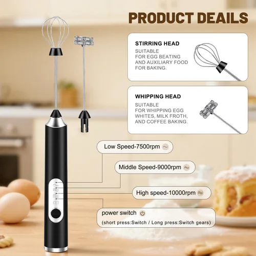 Miniatura 3 de Espumador de leche de mano + soporte recargable de 2000 mAh, espumador eléctrico con 2 batidores de acero inoxidable, mezclador de bebidas de 3