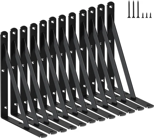 Miniatura 96 de Paquete de 16 soportes de estante resistentes negros de 20 pulgadas de largo x 12 pulgadas de alto con tornillos, soportes de estante de metal
