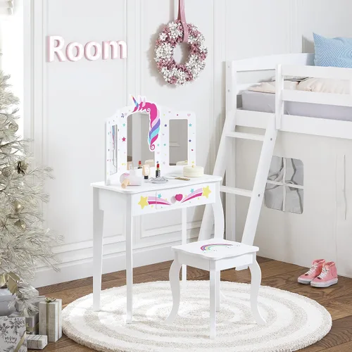 Miniatura 8 de Spirich Vanidad para niños, juego de tocador para niñas con espejo, taburete y luces, juego de mesa y silla de tocador para niños, mesa de tocador
