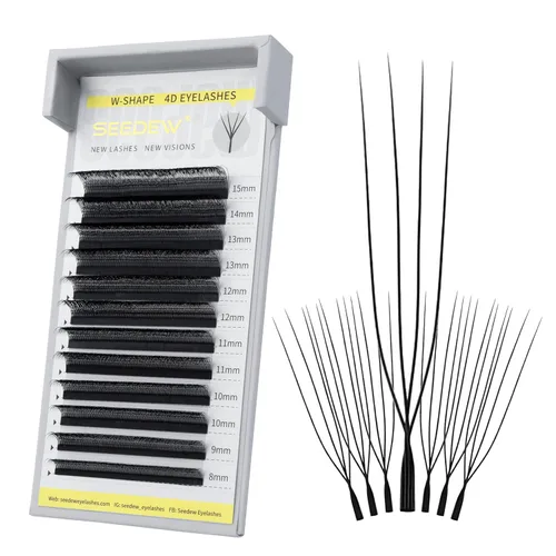 Miniatura 42 de Extensiones de pestañas con doble punta 3D, rizo D de 0.003 in, mezcla de 0.315-0.591 in, 12 filas por bandeja, tallo plano 3DD en forma de W