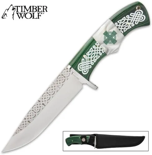 Miniatura 3 de Timber Wolf Celtic Legend - Cuchillo de hoja fija con vaina, hoja de acero inoxidable 3CR13, mango de madera verde Kelly, protector de acero