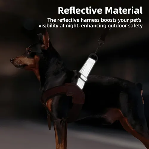 Miniatura 5 de Arnés de poliéster y cuero genuino para perro sin tirones con tiras reflectantes, chaleco ligero con soporte AirTag para perros de tamaño mediano
